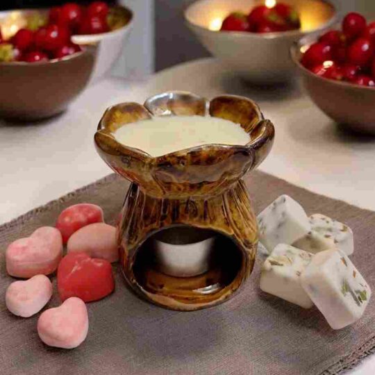 KIT (PAQUETE) WAX MELTS "FRESCURA FRUTAL", UNA VELA DE TÉ Y UN QUEMADOR DE ACEITES.